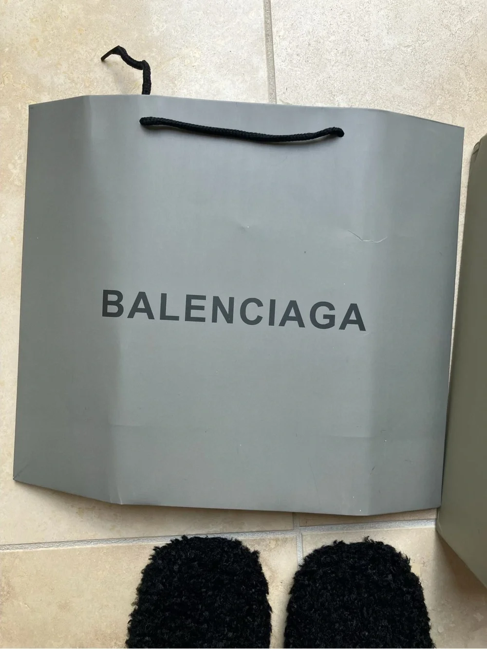 Balenciaga Black Fuzzy Logo Slide Sandals with Red & White Accent